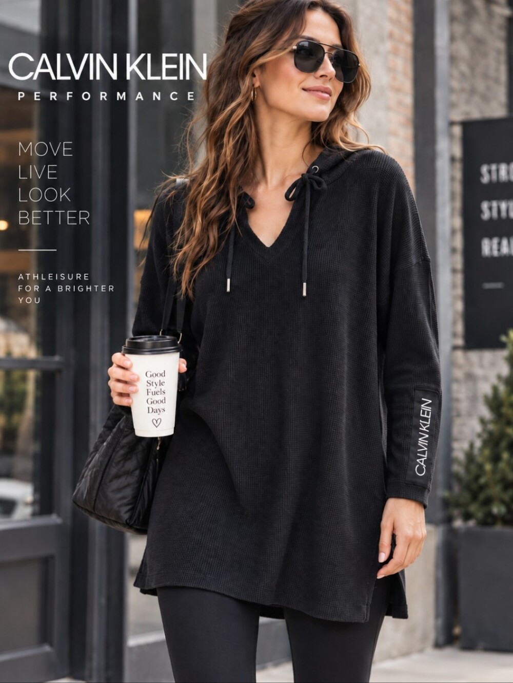 Calvin Klein Performance Black Waffle Knit Hooded Tunic Pullover Est XL